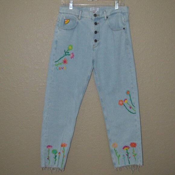 NWOT Sz 34 S 4 Mira Mikati Embroidered Floral LOVE Button Fly Ankle Jeans - Picture 1 of 9
